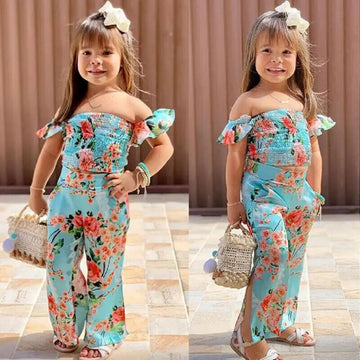 Baby Fashionista 2Pc Floral Off Shoulder Crop Top & Long Split Pants Set.